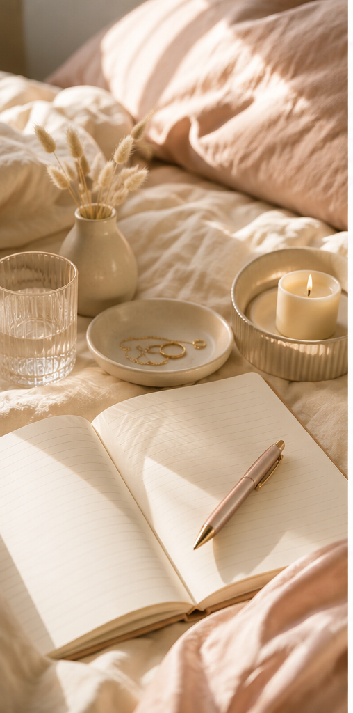 A journal, candle, glassware, and soft bedding arranged in warm natural light.