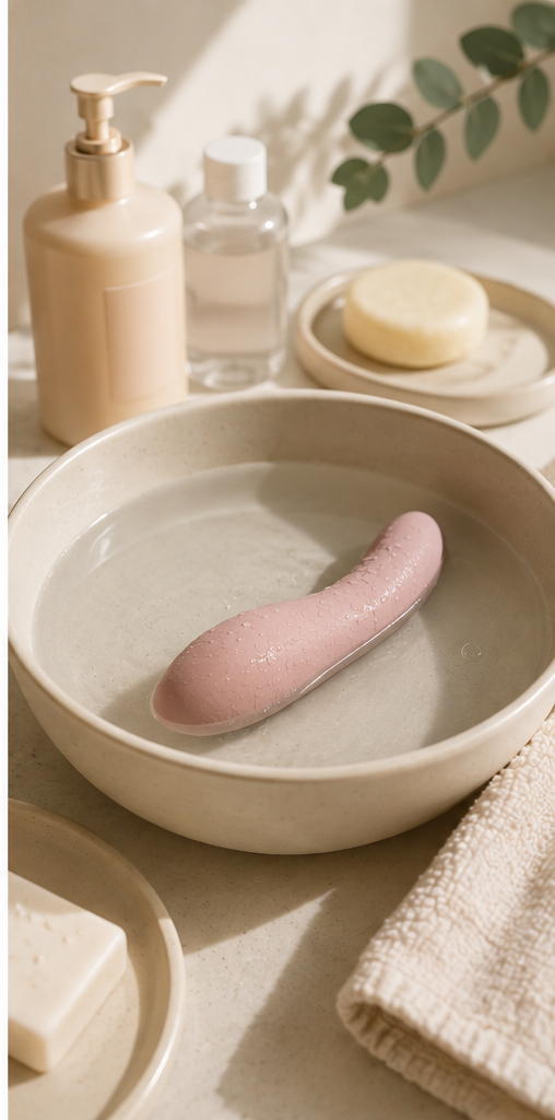 An intimate wellness product being cleaned beside water, soap, towels, and gentle care essentials.